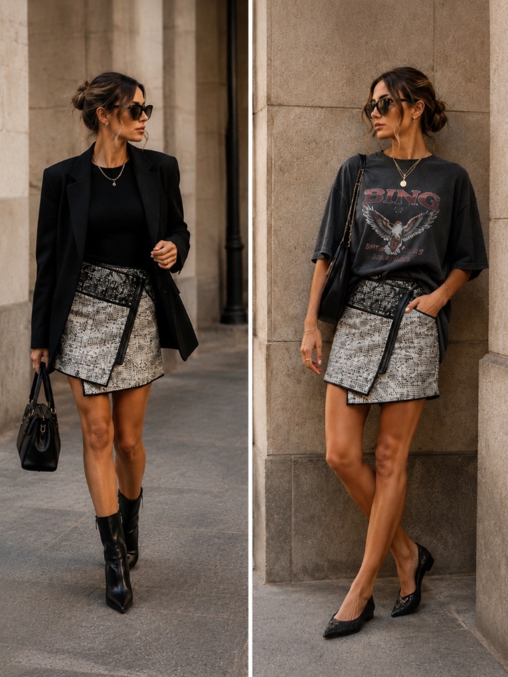 NWOT Rachel Zoe Bowery Asymmetric Metallic Tweed Mini Skirt Black White Silver 2
